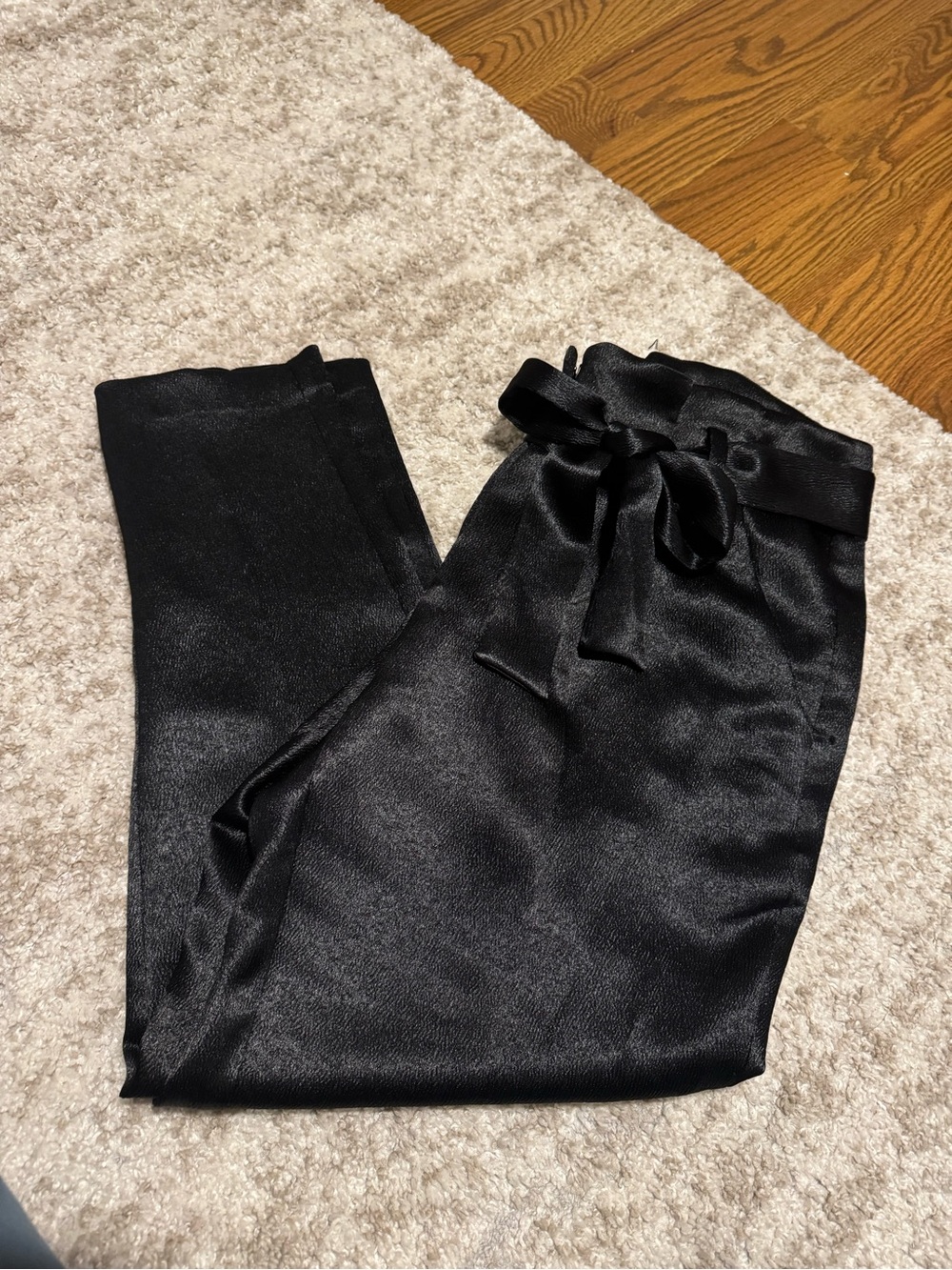 Women's Satin Tie-Waist Paper Bag Pants - Black